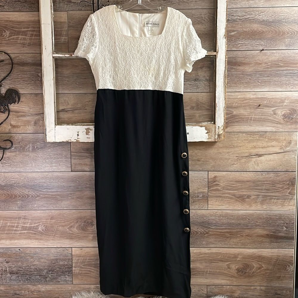 Betsy’s Things Ladies Maxi Dress , Size 14/14, Black and White, Lace, Vintage